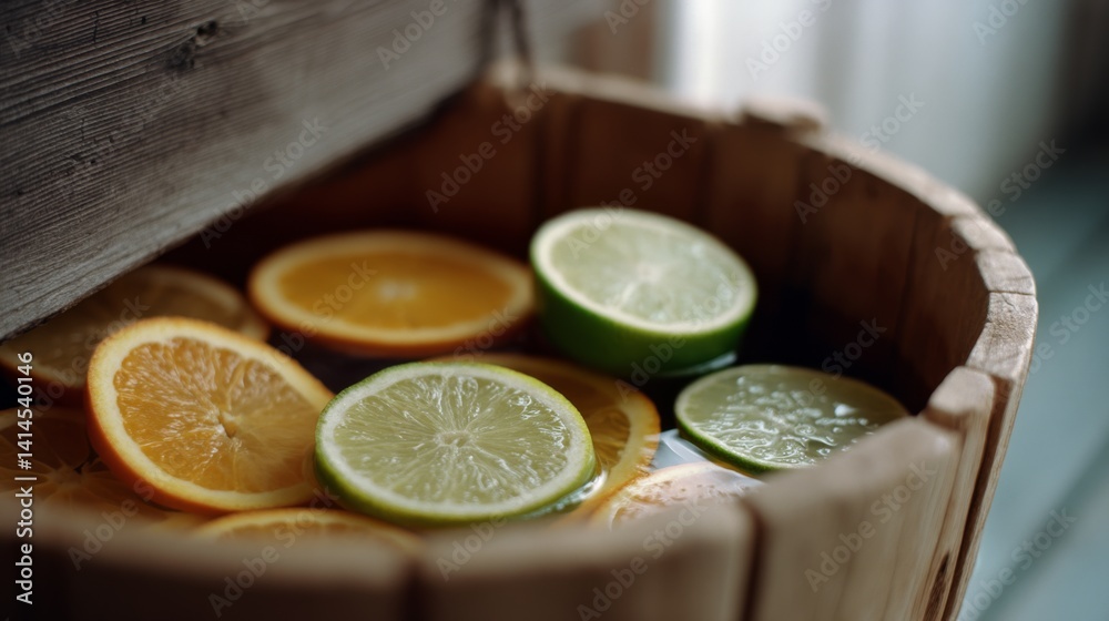 Sliced citrus fruits float in a wooden tub, their bright colors popping against the rustic wood, creating a fresh and vibrant composition.