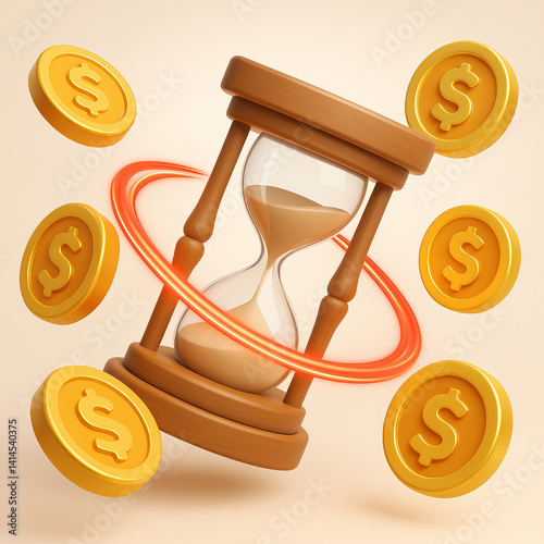 Time and Coins - Hourglass and Golden Coins Representing Time and Money photo