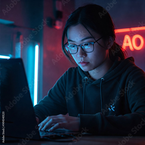 Focused young asian woman working on laptop in dark room with neon lighting. Suggests programming, gaming, cybersecurity or hacker activity. Modern tech lifestyle and digital work environment.