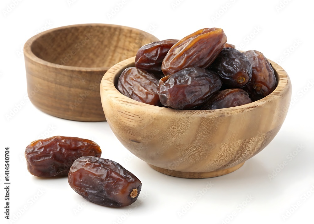 Obraz premium A wooden bowl filled with dried dates is presented against a white background