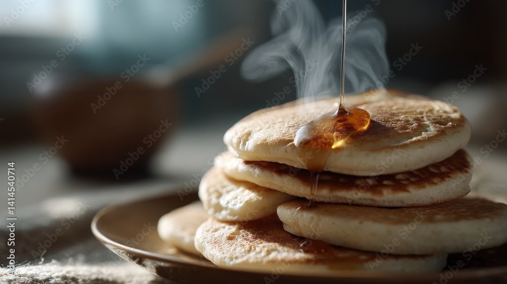 Fluffy pancakes with syrup drizzled on top emit steam, creating a cozy, inviting breakfast setting.
