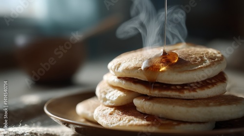 Obraz na płótnie Fluffy pancakes with syrup drizzled on top emit steam, creating a cozy, inviting breakfast setting. w salonie