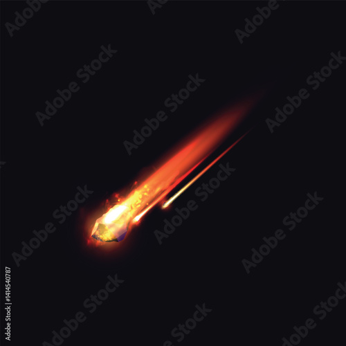 Falling asteroid or comet with fire and dust tail, realistic vector high speed flying meteorite in space, burning rock