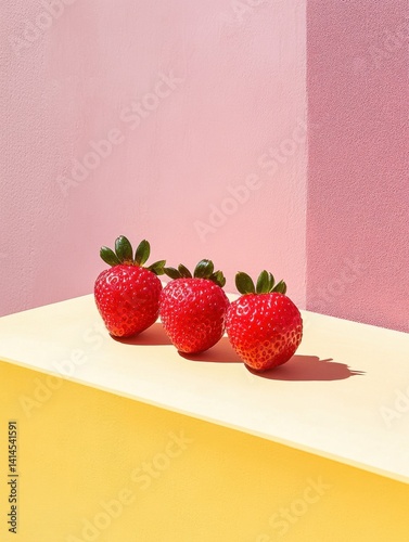 Three vibrant strawberries on a geometric stage showcasing freshness and summer delight in a minimalist style