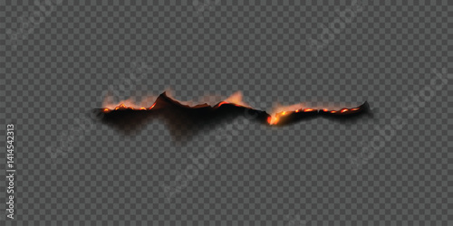 Paper burn vector realistic frame, overlay flaming paper side with fire and black ash isolated on transparent background