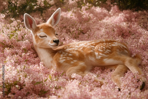 Peaceful fawn nestled amongst a blanket of delicate pink flowers.