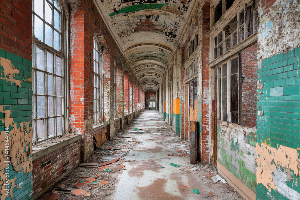 Fototapeta premium Eerie atmosphere in an abandoned hospital corridor filled with decay and remnants of chaos