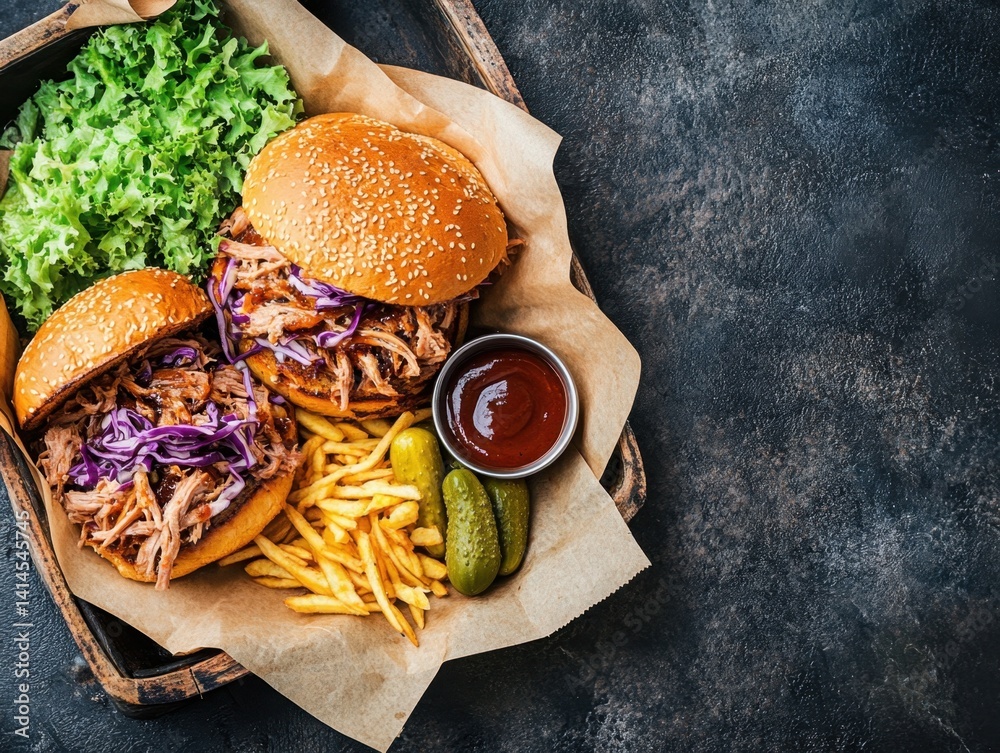 Delicious pulled pork sandwiches with fries and pickles on a rustic wooden tray overhead shot appetizing meal
