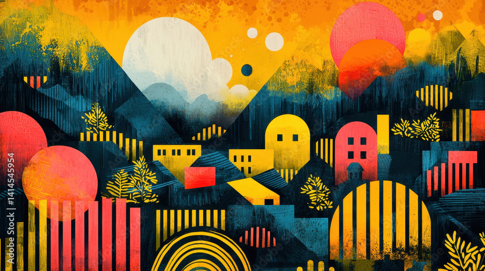 Obraz premium Vibrant abstract landscape illustration with colorful mountains geometric patterns modern stylized scenery and textured artistic background for creative design