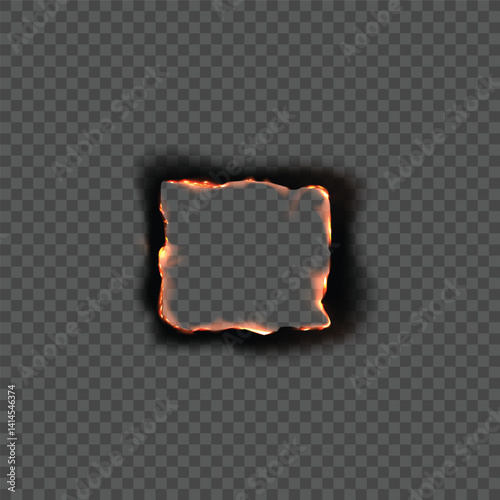 Vector square empty burnt paper frame with realistic flames and charred edges.