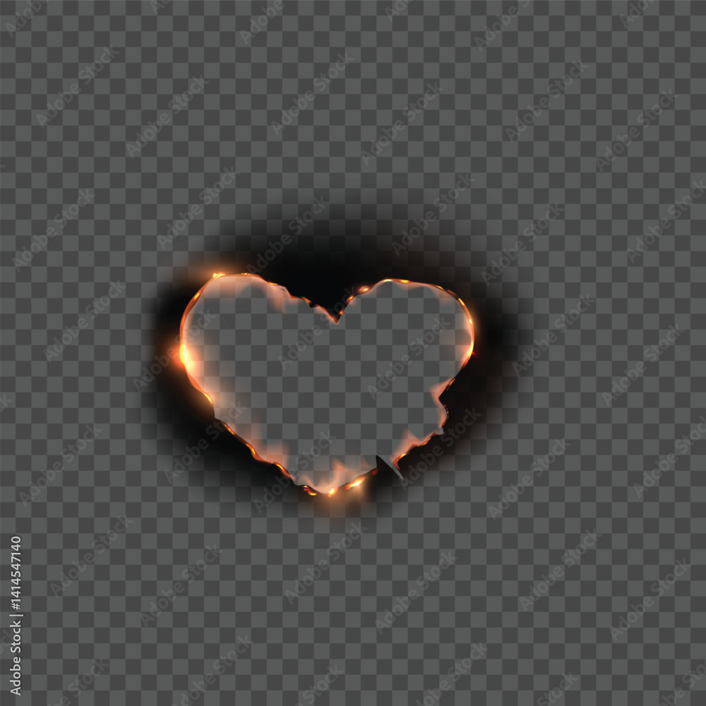 Obraz premium Paper burning heart frame, vector realistic overlay romantic flaming paper with fire black ash on transparent background