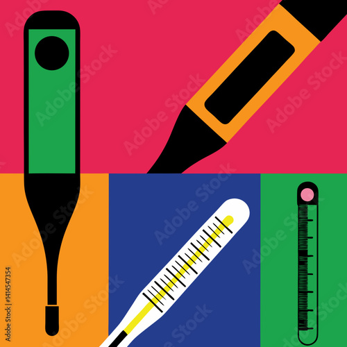 Top-down perspective of colorful medical thermometers in creative healthcare illustration