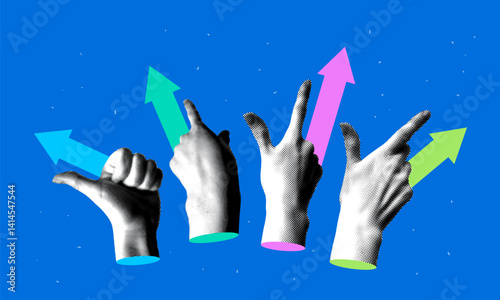 Modern collage with halftone hands pointing direction and arrows. Concept of opportunities and business development. Hands with fingers pointing in different directions. Path to goal, success