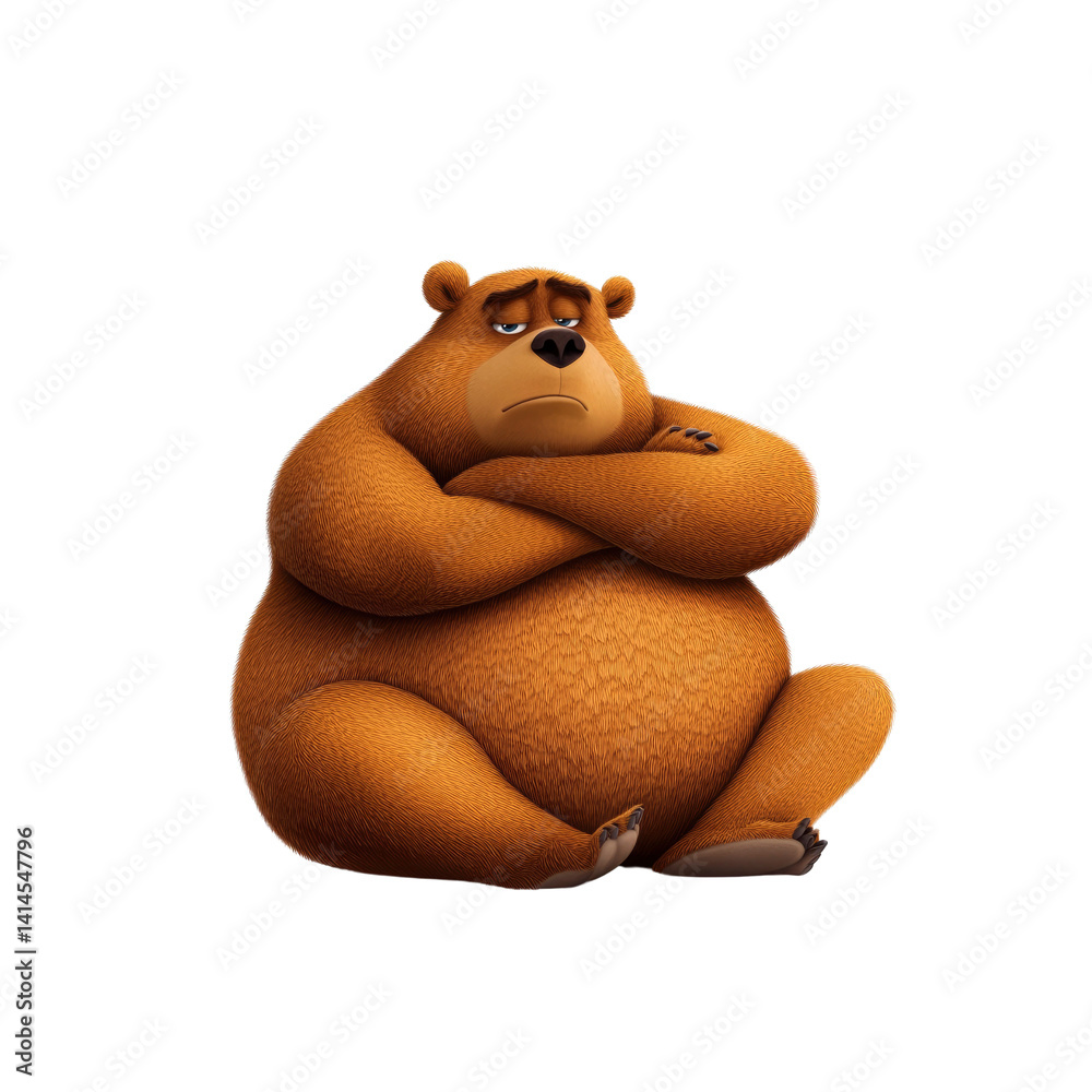 Fototapeta premium Grumpy Animated Brown Bear Sitting with Arms Crossed