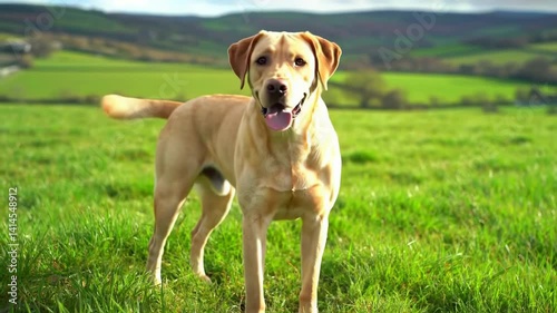 Happy  Labrador Retriever dog standing alert in sunny green field. Video showcasing loyal pet companionship and canine joy outdoors. Image of a faithful friend. 