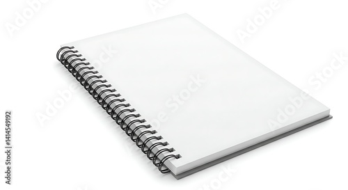 A blank spiral-bound notebook with white pages, partially opened and positioned against a plain white background. The notebook features a metal spiral binding along the left edge. The top and side edg