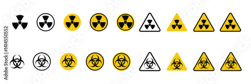 Set of radiation hazard signs. Radiation area. Radioactive threat alert.