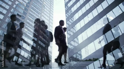 Busy business people commute past modern glass skyscrapers, reflections overlaying scene. Video representing corporate life, rush hour hustle, and the fast-paced urban environment. 