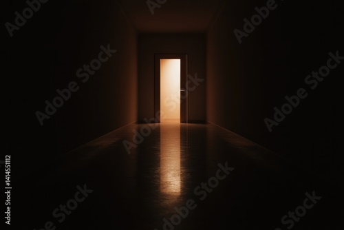Dimly lit corridor leading to an illuminated door  evoking curio