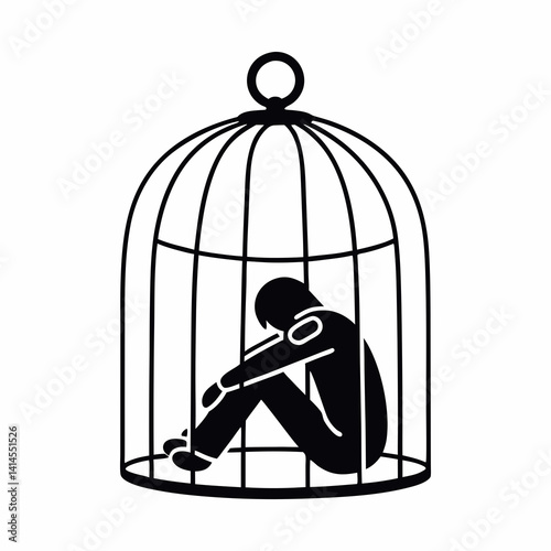 Man Trapped Inside Cage Silhouette Depression Concept Psychological Confinement Solitude Black And White