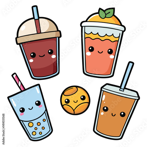 Cute cartoon drinks with happy faces