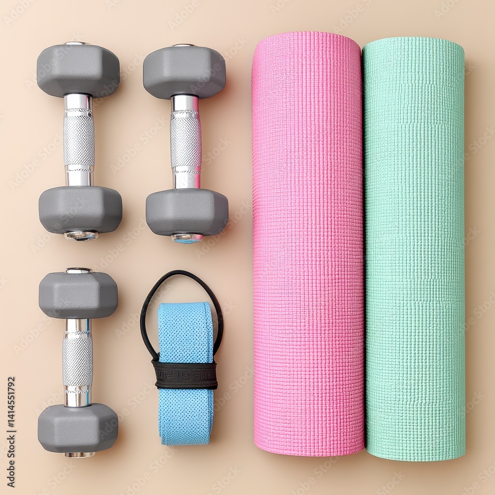 Fitness Equipment Flat Lay Gray Dumbbells, Pink and Green Yoga Mats, Resistance Band Fitness Equipment Flat Lay Gray Dumbbells, Pink and Green Yoga Mats, Resistance Band