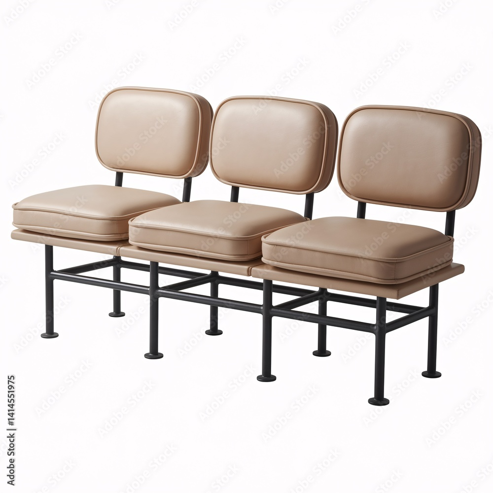 Fototapeta premium Modern Three-Seater Bench with Beige Cushions and Black Metal Frame.