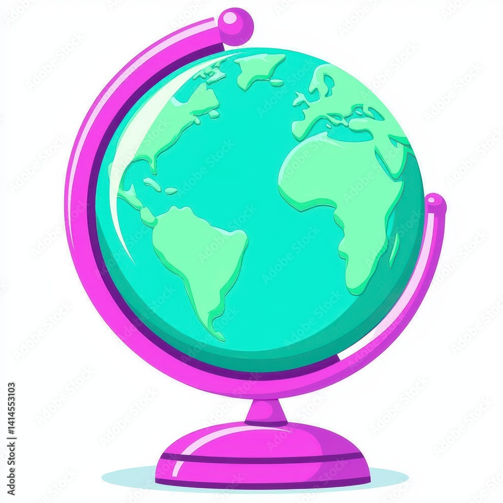 Teal Globe Pixel Art Illustration on Purple Stand Teal Globe Pixel Art Illustration on Purple Stand