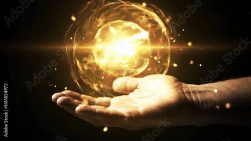 Hand holds pulsating golden orb radiating magical energy and sparks. Stock video depicting supernatural power, fantasy elements, and mystical forces. Aura of arcane might. 