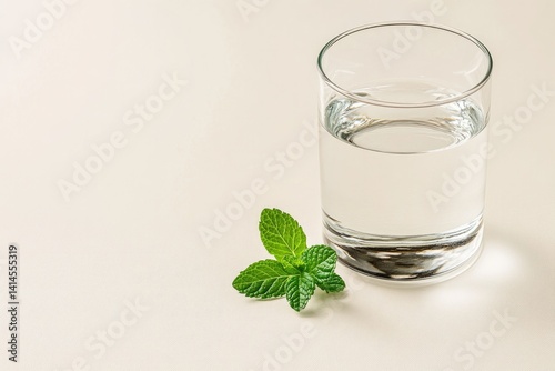 Clear glass filled with water beside fresh mint leaves on light