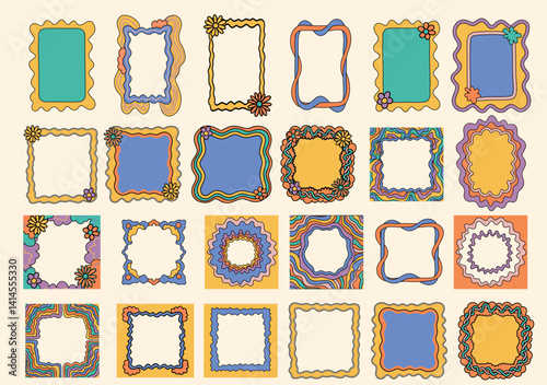Square Groovy frame jagged scallop edge frame text box or border. Rainbow spreading multicolored lines. Curve funky y2k retro form.