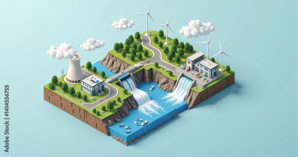 Obraz premium Isometric vector illustration nuclear reactors hydro dams wind turbines industrial energy complex white minimalist design