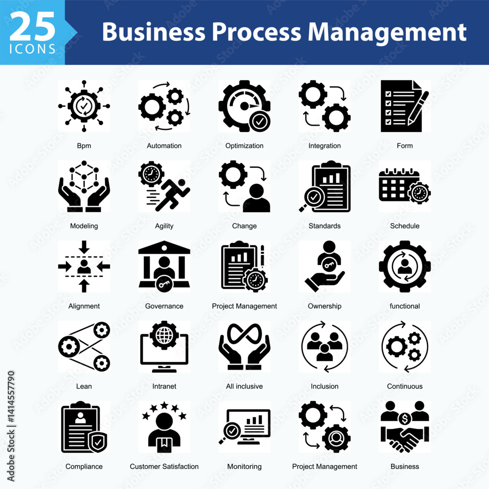 Business Process Management features a collection of icons in a sheet format representing operational efficiency, project management, automation, and process compliance in modern business. Business Process Management features a collection of icons in a sheet format representing operational efficiency, project management, automation, and process compliance in modern business.