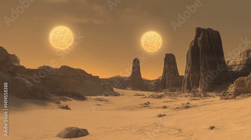 Alien Desert Landscape with Double Sunset