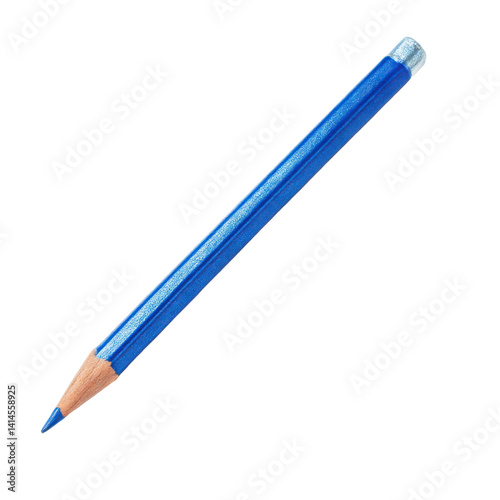 Close up of a single blue colored pencil on a solid dark color background