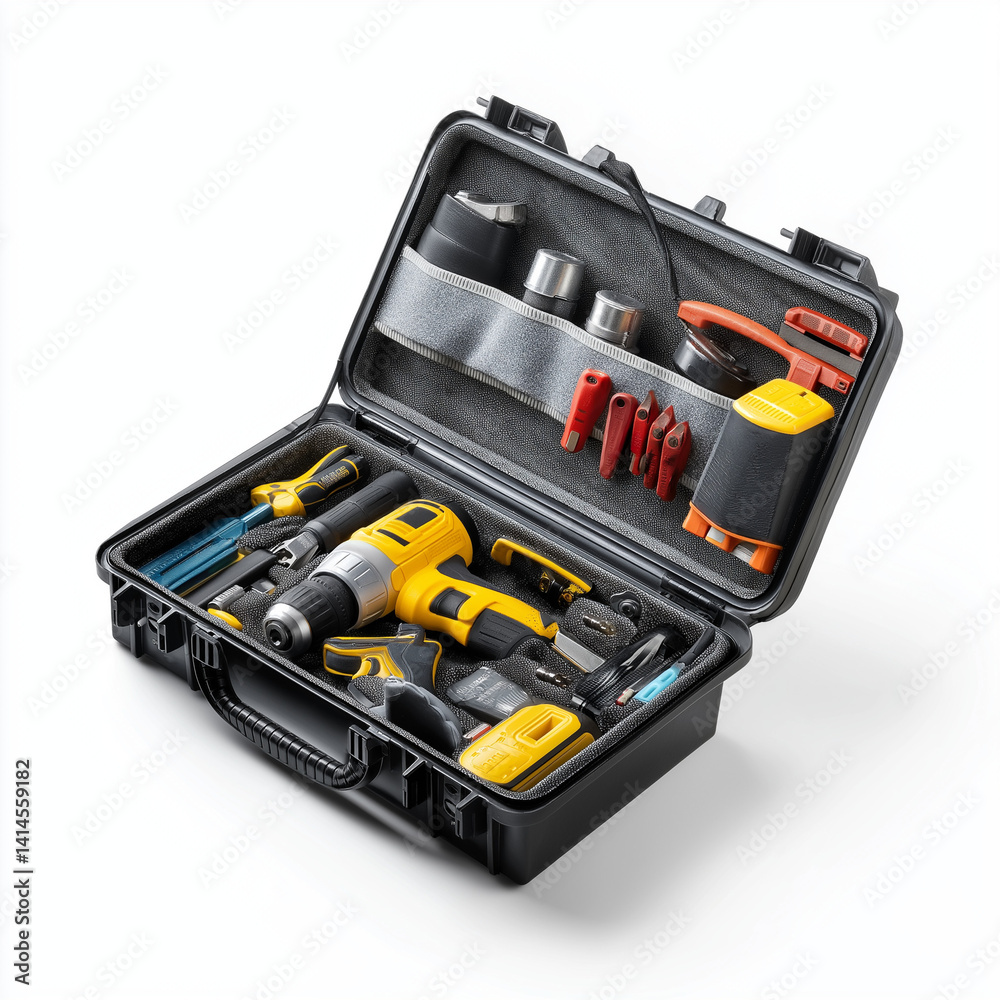 Power tool carrying case open with tools inside, organized compartments, secure closures, durable portable design Power tool carrying case open with tools inside, organized compartments, secure closures, durable portable design