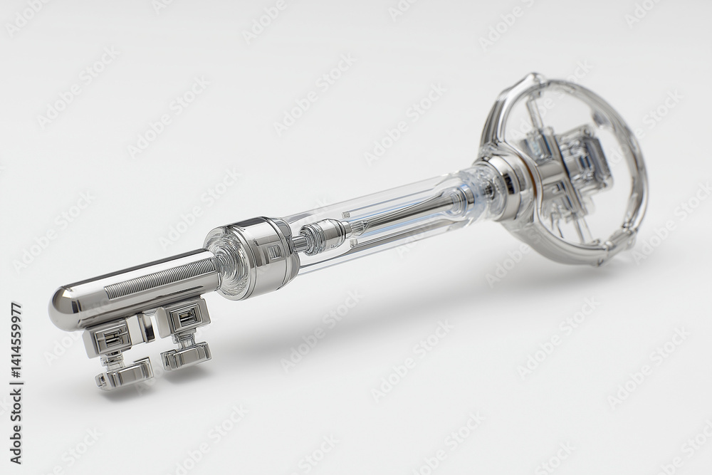 Glass And Metal Key Featuring Futuristic Translucent Body And Intricate Gear Mechanism For Secure Access Glass And Metal Key Featuring Futuristic Translucent Body And Intricate Gear Mechanism For Secure Access
