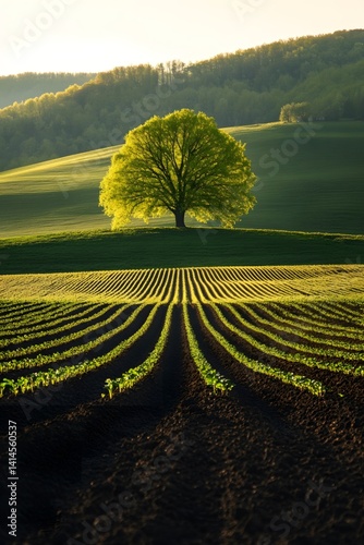 Farmers sow green seedlings swaying in the fields during the spring equinox