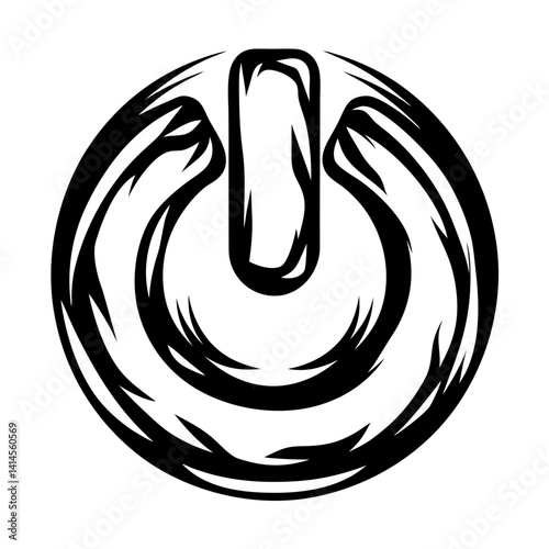 Stylized power button illustration with black and white flowing lines design