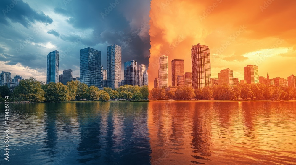 Fototapeta premium Two cities are reflected in the water, one is orange and the other is blue