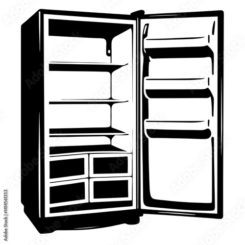 Monochrome graphic rendering of a refrigerator with the door open, shelves visible