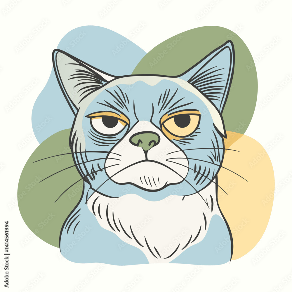 Blue cat illustration with a serious expression against colorful shapes Blue cat illustration with a serious expression against colorful shapes
