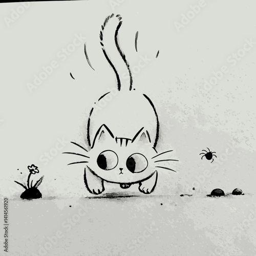 Playful cat chasing a spider near a flower  
