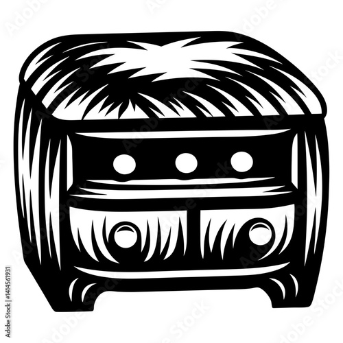 Monochrome image of a two drawer dresser with abstract ornamentation design