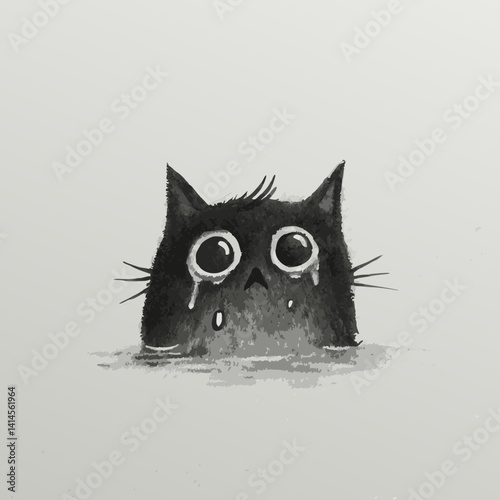 Sad black cat with tears above water on a minimalistic background  