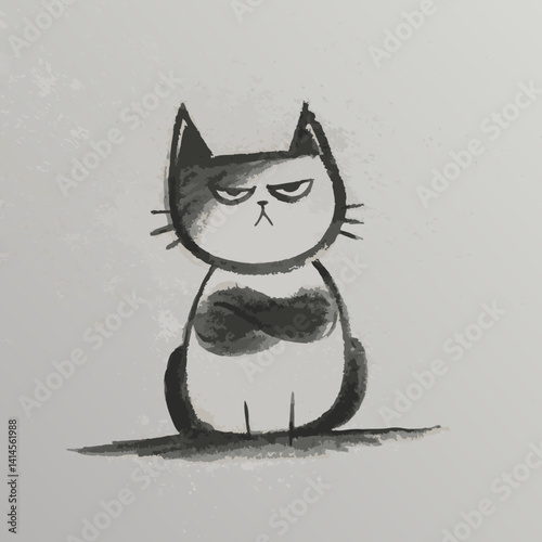 Cartoon cat with a grumpy expression standing on a gray background  