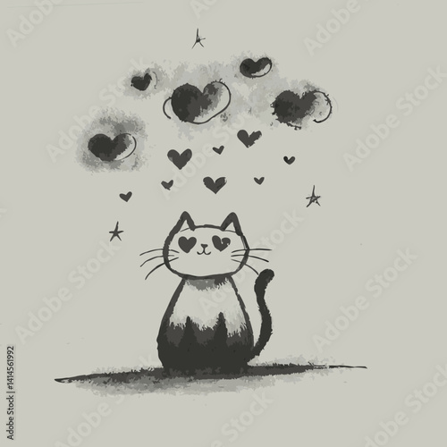 Cute cat with heart-shaped eyes expressing love in monochrome  