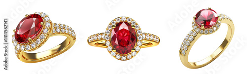  3D vector realistic illustration of a red oval ruby set in a yellow gold ring, with white sapphires and diamonds around the band, on a transparent background png