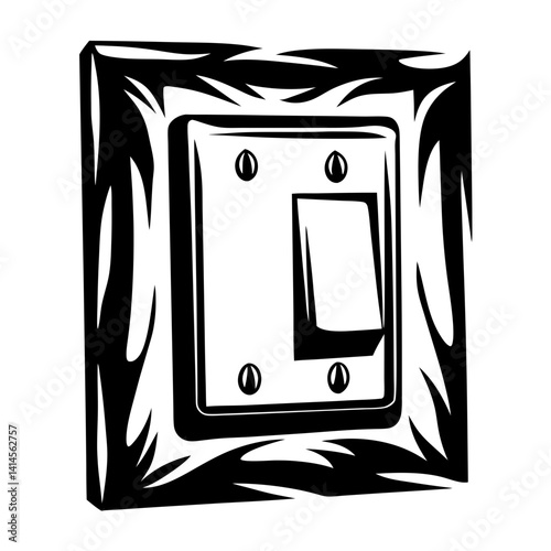 Artistic black and white illustration of a light switch with decorative frame