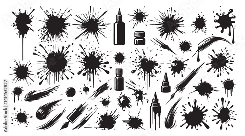 Paint brush and ink splatter. Set of ink grunge brush strokes and splash of paints. Artistic textures collection. Dirty vector design elements silhouette vector white background